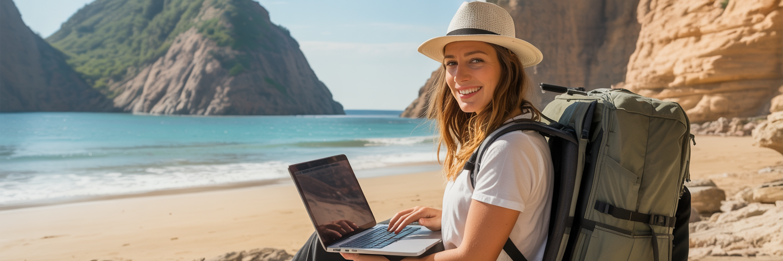 معامله‌گر دیجیتال نومد با لپ‌تاپ و منظره شهر